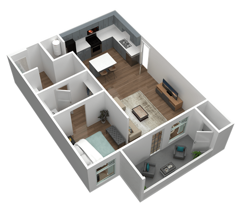 Floor plan for 1 bed, 1 bath, 682 sqft